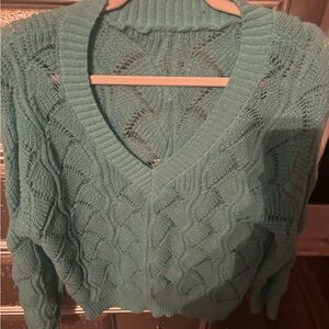 SHEIN Green and Blue V-Neck Cable Knit Top